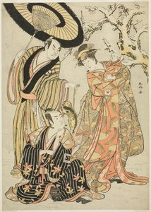 Actors Iwai Hanshirō IV, Ichikawa Monnosuke II, and Sakata Hangorō III, in “Snowflakes: Raising the Standard at Izu” by Katsukawa Shunkо̄