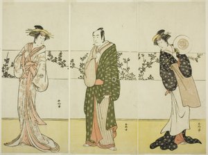 The Actors Osagawa Tsuneyo II, Ichikawa Monnosuke II, and Segawa Kikunojo III, Possibly as Misao Gozen, Matsuya Soshichi, and the Courtesan Kojoro of Hakata, in the Play Beginnings of Eternity: The Ondo by Katsukawa Shunkо̄