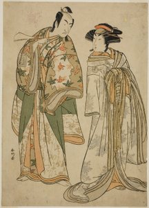 The Actors Segawa Kikunojo III as the Courtesan Sumizome (right), and Ichikawa Monnosuke II as Goinosuke Yoshimine (left), in the Play Juni-hitoe Komachi-zakura, Performed at the Kiri Theater in the Eleventh Month, 1784 by Katsukawa Shunkо̄