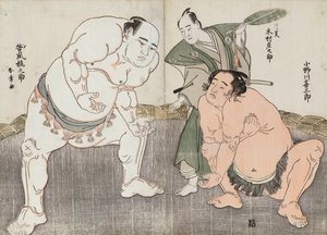 Onagawa Kisaburo and Tanikaze Kajinosuke Performing the Shiriki in the Dohyo, Refereed by Kimura Shonosuke by Katsukawa Shunsho