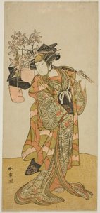 The Actor Yamashita Kinsaku II as Odai, an Eboshi (Hat) Seller, in the Play Hana-zumo Genji Hiiki, Performed at the Nakamura Theater in the Eleventh Month, 1775