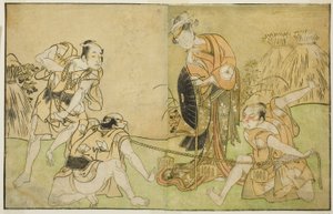 The Actors Bando Zenji I as Nagahashi Saburo, Iwai Hanshiro IV as Otatsu-gitsune, Nakamura Konozo as Hagai Ujitsune, and an Unidentified Actor (right to left), in the Play Nue no Mori Ichiyo no Mato, Performed at the Nakamura Theater in the Eleventh Month by Katsukawa Shunsho