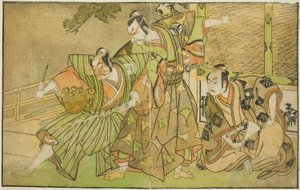 The Actors Ichikawa Komazo II as Minamoto no Yorimasa, Matsumoto Koshiro II as Osada no Taro Kagemune Disguised as Yatsurugi Zaemon, and Ichikawa Danzo III as I no Hayata Tadazumi, in the Play Nue no Mori Ichiyo no Mato