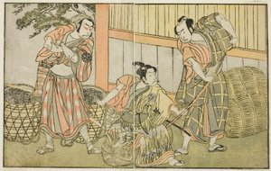 The Actors Kasaya Matakuro II as Hagun Taro, Ichikawa Monnosuke II as Izutsu no Suke Narihira, and Nakamura Nakazo I as Kose no Kanaoka Disguised as Sogoro the Charcoal Maker, in the Play Kuni no Hana Ono no Itsumoji, Performed at the Naka