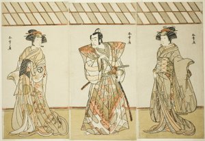 The Actors Onoe Tamizo I as Nishikigi (?) or Otae (?) (right), Ichikawa Danjuro V as Miura Heidayu Kunitae (?) (center), and Osagawa Tsuneyo II as Oyuki (?) (left), in the Play Date Nishiki Tsui no Yumitori (?), Performed at the Morita Theater (?) in the E by Katsukawa Shunsho