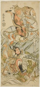 The Actors Sawamura Sojuro II as the Chinese Sage Huangshi Gong (on horseback), and Ichikawa Danzo III as the Chinese Warrior Zhang Liang (mounted on a dragon), in the Finale of the Play Otokoyama Yunzei Kurabe (At Mt. Otoko, a Trial of Strength in Drawing by Katsukawa Shunsho