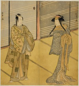The Actors Segawa Kikunojo III as the Spirit of Joro-gumo (Harlot Spider) Disguised as the Maiko Tsumagiku (right), and Ichikawa Monnosuke II as Urabe no Suetake (left), in the Play Shitenno Tonoi no Kisewata, Performed at the Nakamura Theater in the Eleve by Katsukawa Shunsho