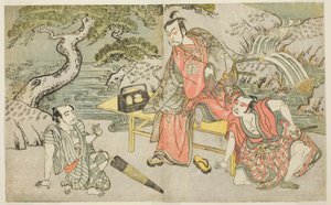 The Actors Tomizawa Hanzaburo II as Nagoya Sanzaemon, Nakamura Juzo II as Fuwa Banzaemon, and an Unidentified Actor as the Pickpocket Matsumoto Daishichi, in the Play Fuki Kaete Tsuki mo Yoshiwara by Katsukawa Shunsho