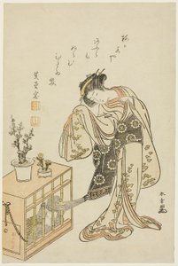Young Woman with a Caged Monkey (Calendar Print for New Year 1776) by Katsukawa Shunsho