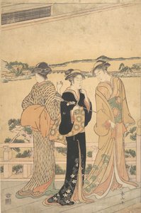 Three Women on a Veranda Overlooking a Bay, late 19th century by Katsukawa Shunzan