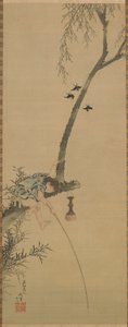 Boy fishing from the limb of a tree by Katsushika Hokusai