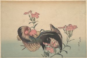 Cock, Hen, and Nadeshiko (Dianthus Superbus) by Katsushika Hokusai