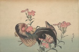 Cock, Hen, and Nadeshiko Dianthus Superbus by Katsushika Hokusai