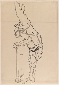 Drawing of a man resting on an axe and carrying part of a tree trunk on his back by Katsushika Hokusai