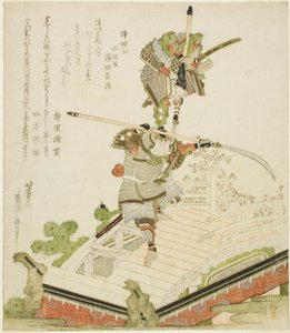 Festival float of Tsutsui Jomyo fighting Ichirai Hoshi on the Uji Bridge by Katsushika Hokusai