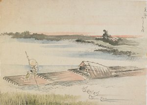 Landscape: Boatman Poling His Raft by Katsushika Hokusai