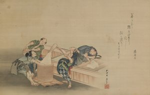 Pounding Rice for Mochi, inscribed by Momomoto Hinamaro by Katsushika Hokusai