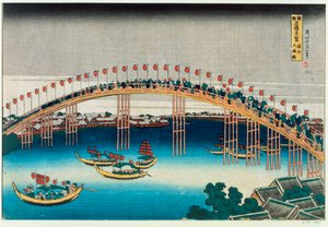 Procession Over a Bridge by Katsushika Hokusai