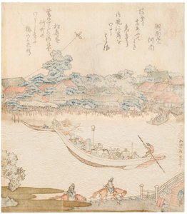 The banks of the Sumida river, Komatomeishi. Triptych from the series Umazukushi, Central part, 1822 by Katsushika Hokusai
