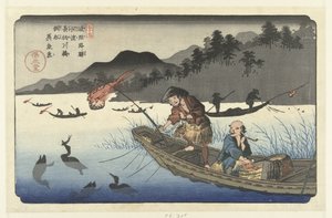 Cormorant Fishing Boats on the Nagae River at Kawado (series title: The Stations of the Kisokaido) by Keisai Eisen