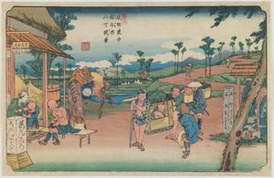 Number 9: View of the Hatchō Embankment at Kumagaya Station, from the series “Along the Kiso Road” by Keisai Eisen