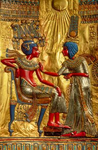 Detail of figures on interior back of the gold throne depicting Tutankhamun and his wife, Egypt, 2009 by Kenneth Garrett