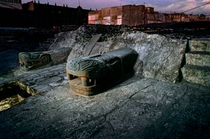 Serpent Replica on Great Temple, Tenochtitlan, Templo Mayor, Aztec, Mexico, Mexico City, 2010