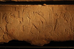 Temple 21 throne bench, carving of king Akhal Mo Nab, Palenque, Mexico, 2005