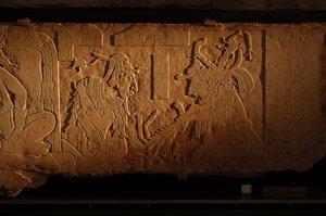 Temple 21 throne bench, carving of king Akhal Mo Nab, Palenque, Mexico, 2005 by Kenneth Garrett
