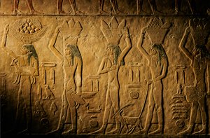 Women Carrying Bread, Bird, Goat and Produce, Tomb of Tiye, Egypt; Old Kingdom; Saqqara by Kenneth Garrett