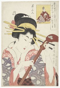 Woman with Shamisen, Three Young Poets (series title) by Kikugawa Eizan