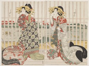 The Courtesans Hinaya and Karauta Behind the Barred Window of Chojiya House by Sumida River in the Cherry Blossom Season by Kikukawa Eizan