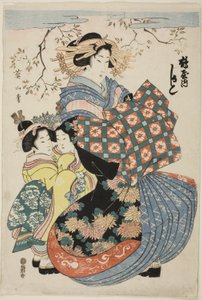The Courtesan Kashiku of the Tsuruya with Two Child Attendants by Kikukawa Eizan