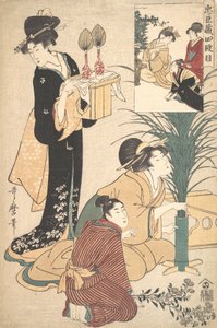 A Woman and a Man Arranging Flowers for the Tsukimi Moon Festival by Kitagawa Utamaro