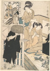 A Woman at Her Toilet Seated before a Mirror, Having Her Hair Combed by a Kameyui (Woman Hairdresser) by Kitagawa Utamaro