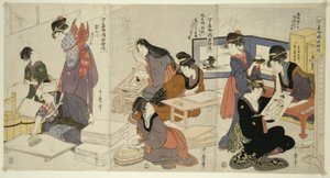 Artist, Block Carver, Applying Sizing, from the Series The Cultivation of Brocade Prints, A Famous Product of Edo