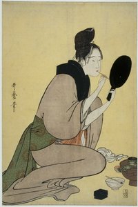 Bijin-ga. Girl Applying Makeup to Her Lips