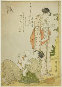 Evening Cool on the Verandah: Genre scenes with kyoka poems, in aiban format by Kitagawa Utamaro