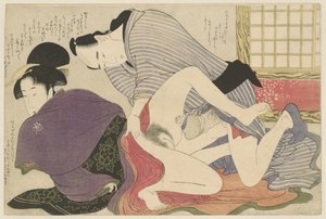 Geisha and Lover by Freestanding Screen (Negai no itoguchi) by Kitagawa Utamaro