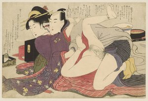 Geisha in Kimono with Long Sleeves and Her Lover by Kitagawa Utamaro