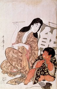 Kintaro and Yamauba calligraphing, series: Yamauba and Kintaro. Japanese print by Utamaro Kitagawa. 1790-1806. Paris, Guimet Museum, National Museum of Asian Arts by Kitagawa Utamaro