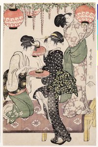 Teahouse girls under a wistaria espalier by Kitagawa Utamaro