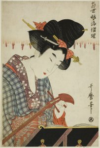 Turning a Shamisen, from the series "Chanting to Shamisen by Young Women of Today" by Kitagawa Utamaro