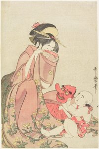 Woman Playing with a Child with a Tengu Mask