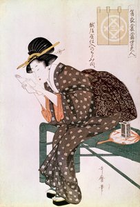Woman reading. Made with a crepe of Echigoya. Summer Ensemble Series: Beauties of our time. Japanese print by Utamaro Kitagawa. 1804-1806. Paris, Guimet Museum, Asian Arts Museum