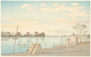 Ferry with View of Mount Fuji, the Okawa River by Kiyochika Kobayashi