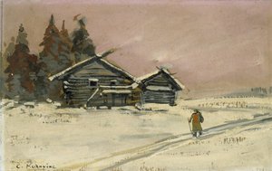 Winter Landscape with Two Wooden Huts by Konstantin Alekseevich Korovin