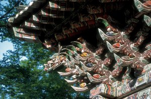 Sŏgwŏng-sa Temple, Kosan County, Kangwon Province, North Korea, detail of the roof (photo) by Korean School