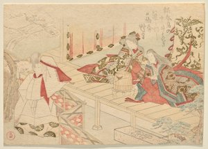 A Strolling Courtier Waves to a Lady-in-Waiting Sitting on a Veranda with Her Young Attendant by Kubo Shunman