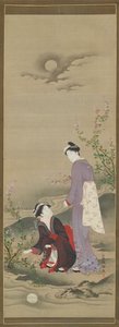 Autumn: Two women gazing at the reflection of the moon by Kubo Shunman